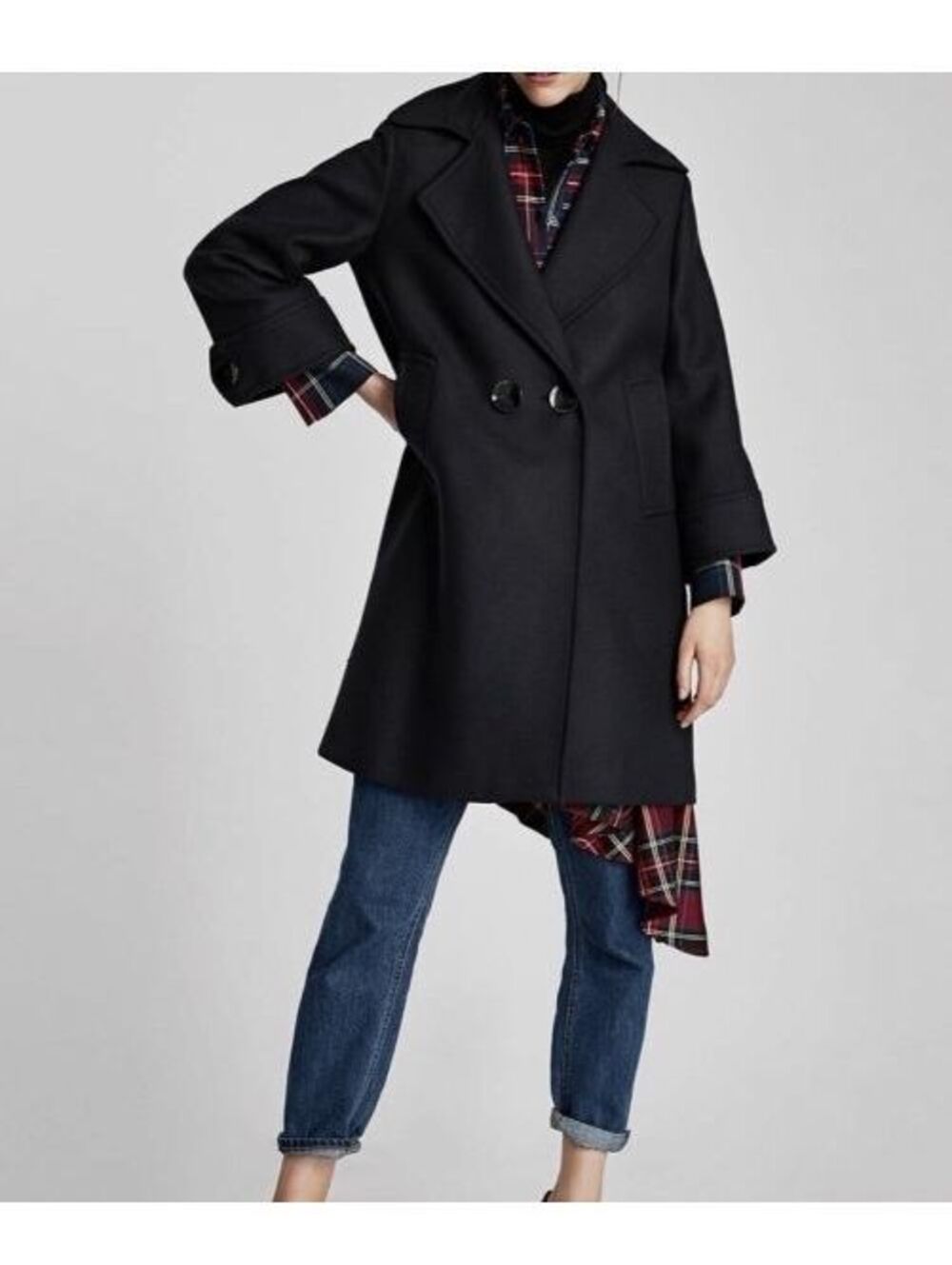 Zara Woman Black Wool Blend Pea Coat Double Breasted Oversized Dark Academia M
